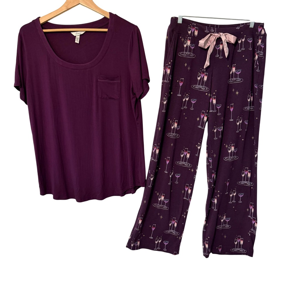 Soma Pajama Set Womens L/M Purple Champagne Print Short Sleeve Wide Leg Lounge